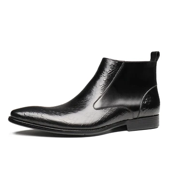 Модни Черни Мъжки Модел Обувки с Остри Пръсти, Обувки От Естествена Кожа, Мъжки Ботильоны